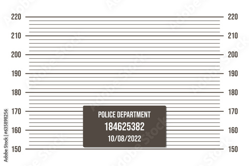 Vector mugshot scale from 150 to 220 cm on a white wall with a date plate in the foreground. Template for a police photograph to identify a suspect by height.