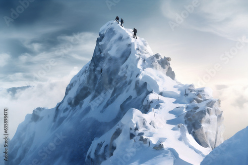 group snow hiking blizzard mountain nature landscape winter adventure sport. Generative AI. © VICHIZH