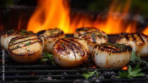 Photo Grilled scallops with creamy lemon spicy sauce and herbs on black background