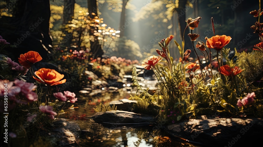  a stream running through a forest filled with lots of flowers.  generative ai
