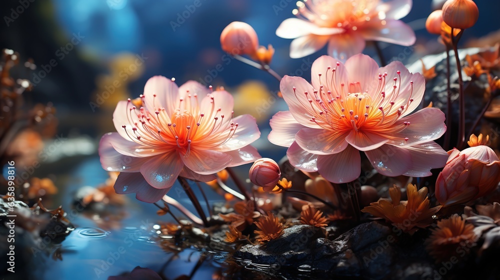  a group of pink flowers sitting on top of a puddle of water.  generative ai