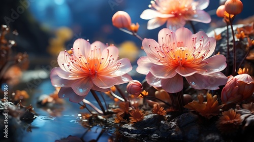  a group of pink flowers sitting on top of a puddle of water. generative ai