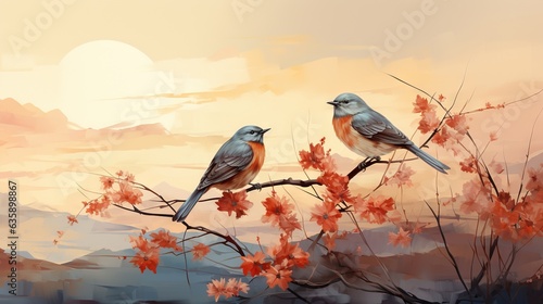  two birds sitting on a branch with red leaves in front of a sunset. generative ai