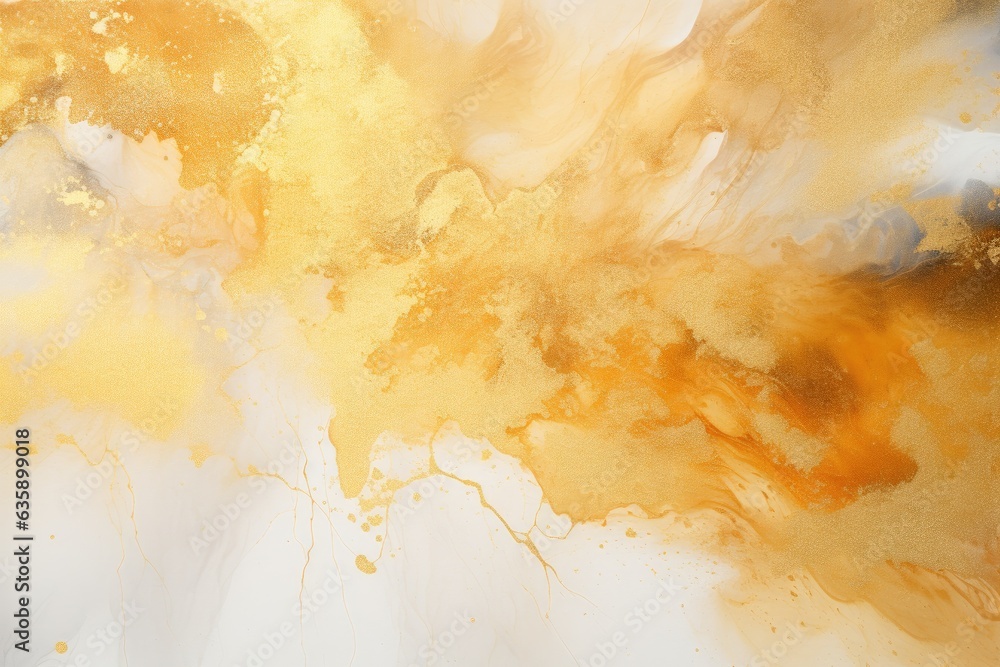 Gold glitter splatter texture on abstract alcohol ink painting background print.