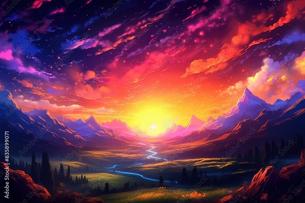 colorful sunset in cartoon style