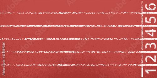 Red runnig track with rubber surface texture top view. Aerial view of the starting numbers of the competition lane of the stadium, separated by white lines. Sports background vector illustration photo