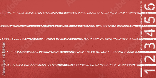 Red runnig track with rubber surface texture top view. Aerial view of the starting numbers of the competition lane of the stadium, separated by white lines. Sports background vector illustration