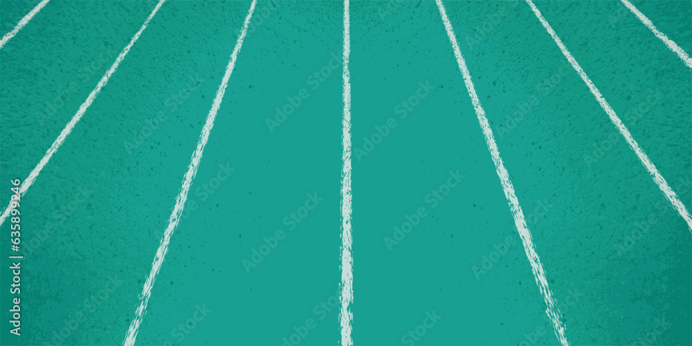Perspective view of the teal surface of the running track with the competition lanes in the stadium, separated by white lines. Vector illustration of sports background with texture