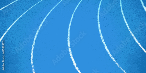 Bird eye perspective view of a blue turning running track divided into stripes by white markings. Textured stadium cover. Background for sports competitions and marathons. Vector illustration.