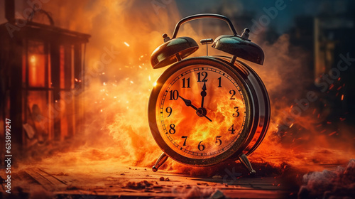Dramatic Scene: Exploding Alarm Clock Engulfed in Fiery Flames - AI generated