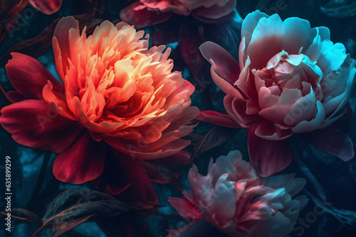 flower neon flora bloom bright colours peony nature blossom design. Generative AI.