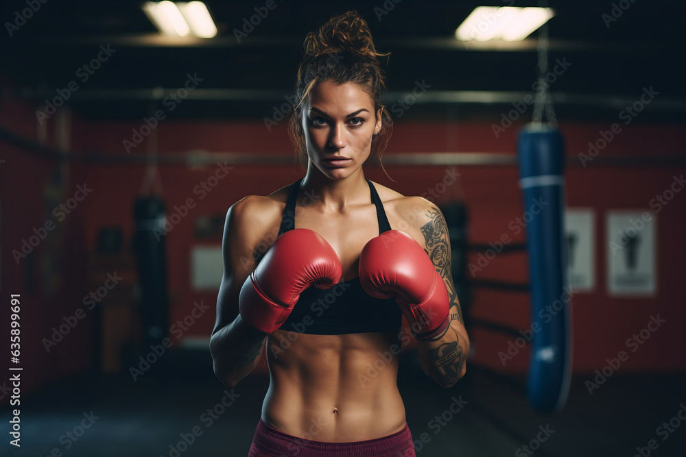 Lady boxer exercising with body muscles portrait