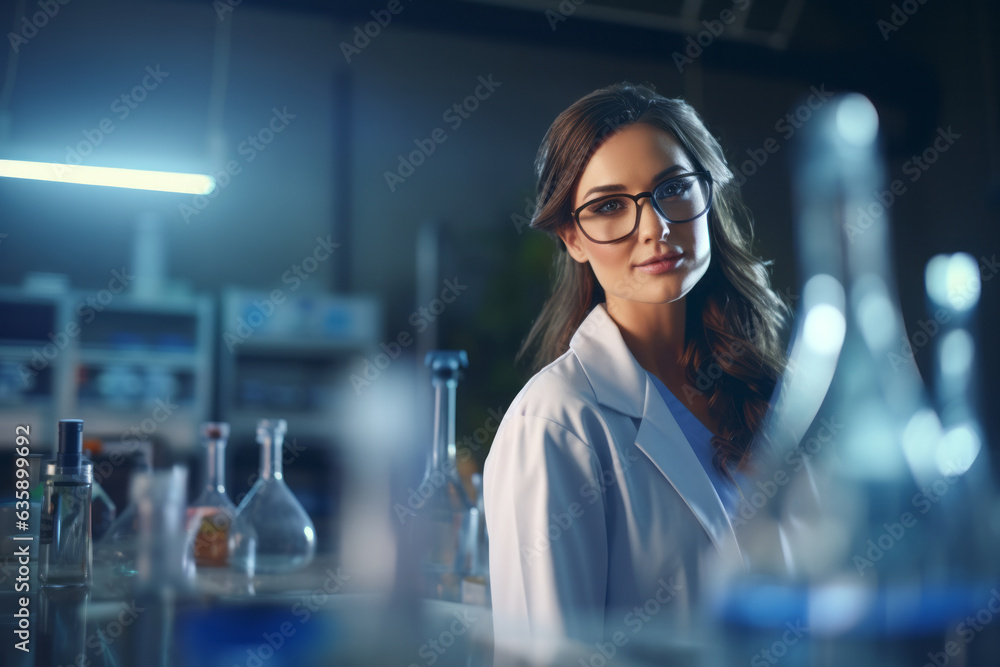Woman chemistry teacher portrait in chemistry lab Woman chemistry teacher portrait in chemistry lab