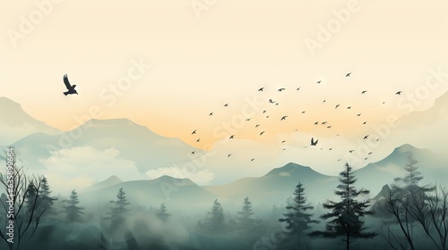  a painting of a bird flying over a mountain range at sunset. generative ai