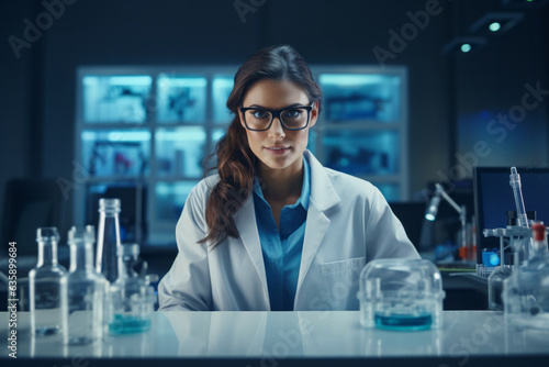 Woman chemistry teacher portrait in chemistry lab