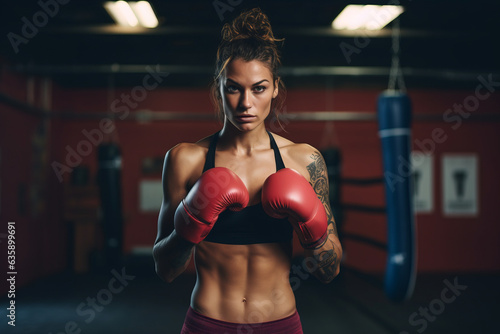 Lady boxer exercising with body muscles portrait