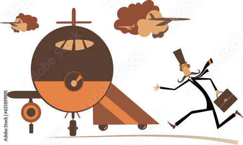 Cartoon man in the airport. 
Scurrying long mustache gentleman in the top hat with suitcase trying does not miss the flight isolated on white
