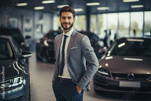 Professional luxury car salesman in luxury showroom. Smiling salesman in showroom. Expensive car. Car dealer business. Automotive industry. Luxury car agent. Auto dealership office.