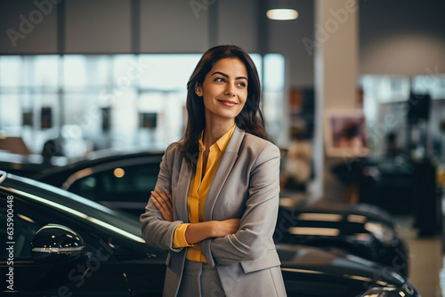 Professional luxury car saleswoman in luxury showroom. Auto dealership office. Car dealer business. Smiling woman in showroom. Expensive car. Automotive industry. Luxury car agent.