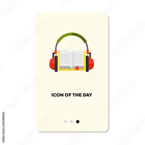 Book with headphones flat vector icon. Vertical sign or illustration of audiobook symbol or element for application and web design. Literature, multimedia, entertainment, education concept