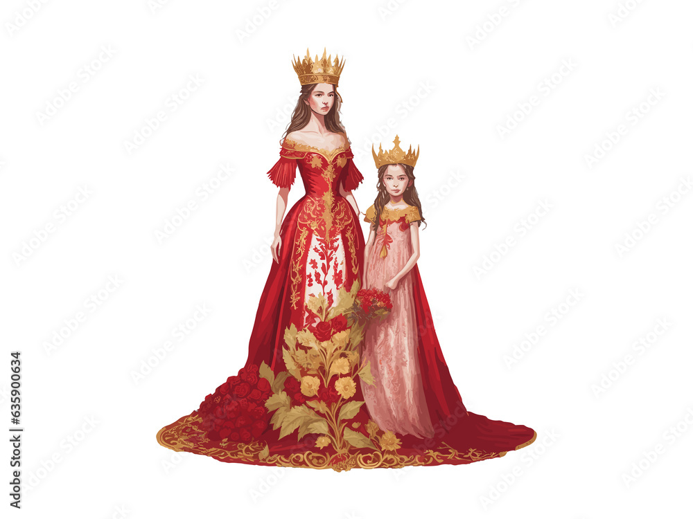 Mother's day concept, Queen Mom and daughter with royal crown illustration decorated by flowers, clipart png