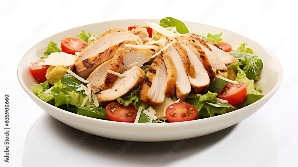 a white bowl filled with a salad topped with chicken and tomatoes. generative ai a white bowl filled with a salad topped with chicken and tomatoes. generative ai