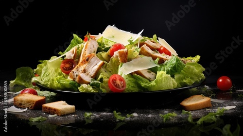  a salad with chicken, tomatoes, lettuce, cheese and croutons. generative ai