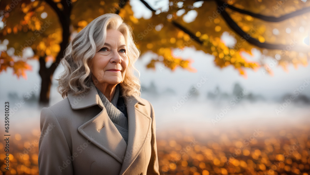 Smiling woman wearing coat. Blurry background with copy space. Generative AI. Smiling woman wearing coat. Blurry background with copy space. Generative AI.