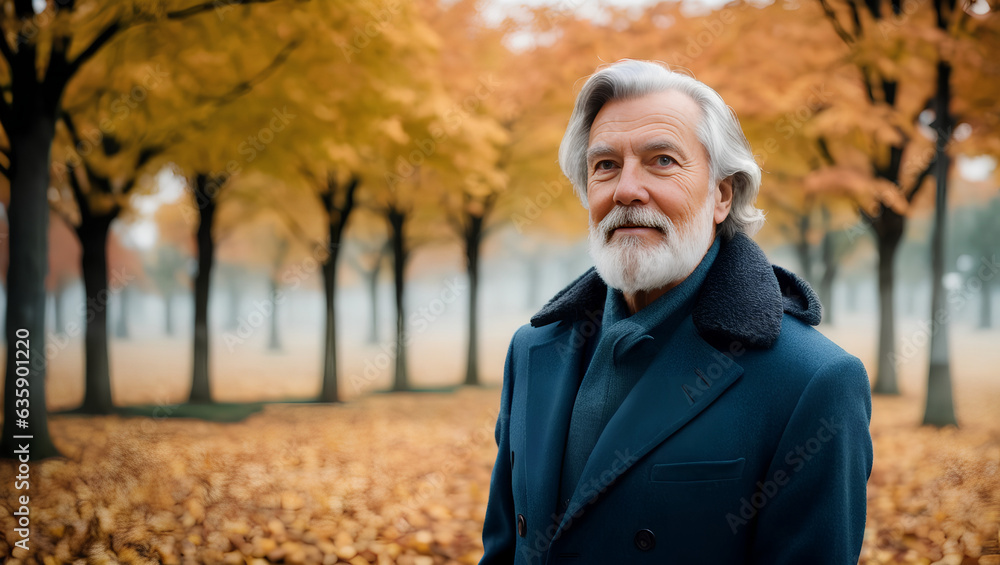 Happy man with silver hair and beard wearing coat on blurred autumn background with mockup. Generative AI. Happy man with silver hair and beard wearing coat on blurred autumn background with mockup. Generative AI.
