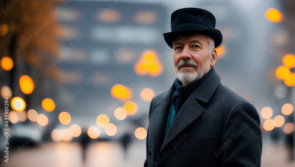 Portrait of elegant man with grey beard wearing black hat and coat. Blurred background with mockup. Generative AI.