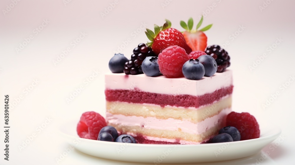 a piece of cake with berries and blueberries on top. generative ai a piece of cake with berries and blueberries on top. generative ai