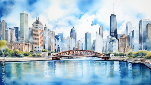  a painting of a city with a bridge over a river.  generative ai