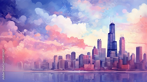  a painting of a city skyline with clouds in the sky.  generative ai © Nadia