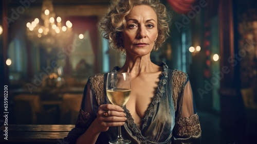 Middle aged woman in elegant dress holding champagne glass on New Year's Eve