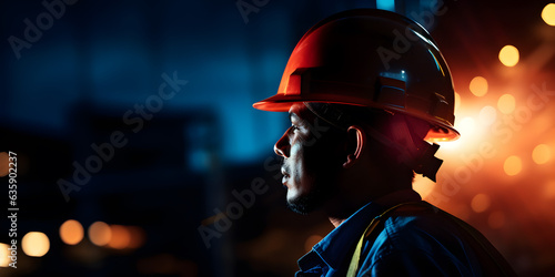 Caucasian industrial worker at night. Concept of safety measures, skilled labour and workforce. © May