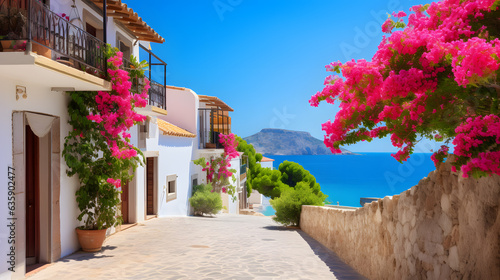Immerse yourself in the timeless beauty of Mediterranean houses with this breathtaking image. Nestled along the sun-kissed coast, these charming houses feature whitewashed walls adorned with vibrant b