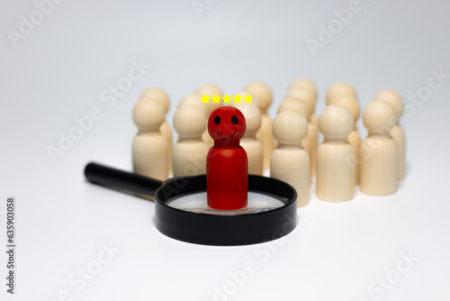 Wooden peg doll,Isolated, wooden dolls isolated on white background,Employees job fit and best performance concept,Wooden doll with icons showing emotions.