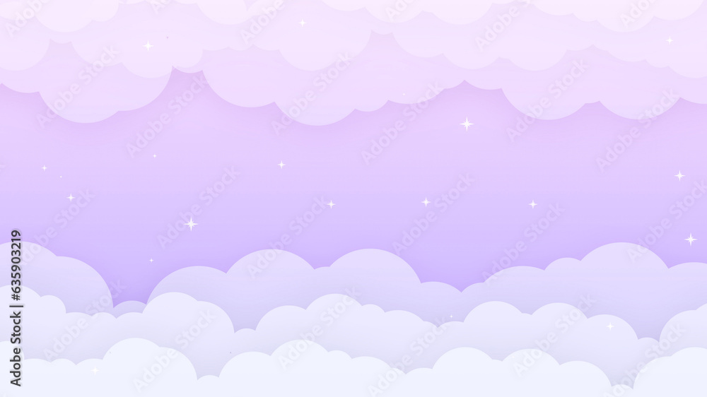 Cloudscape with Purple Sky Background in Paper Cut Style