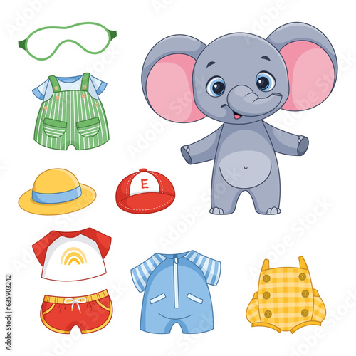 Elephant with clothes. Dress up paper doll. Cartoon vector illustration