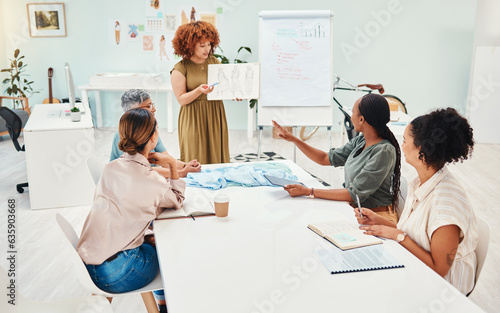 Creative woman, fashion and drawing in startup, presentation or meeting for ideas at the office. Female person or manager with sketch in team planning, retail or clothing project at the workplace