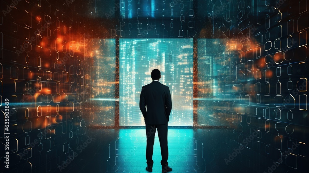 a man standing in front of a wall of numbers in a room. generative ai a man standing in front of a wall of numbers in a room. generative ai