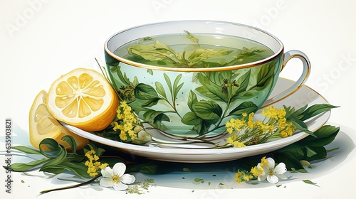  a painting of a cup of green tea with lemon slices.  generative ai
