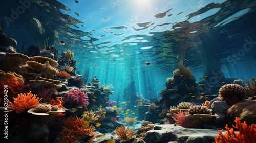 A captivating underwater shot of colourful coral reefs and marine life, natural lighting,