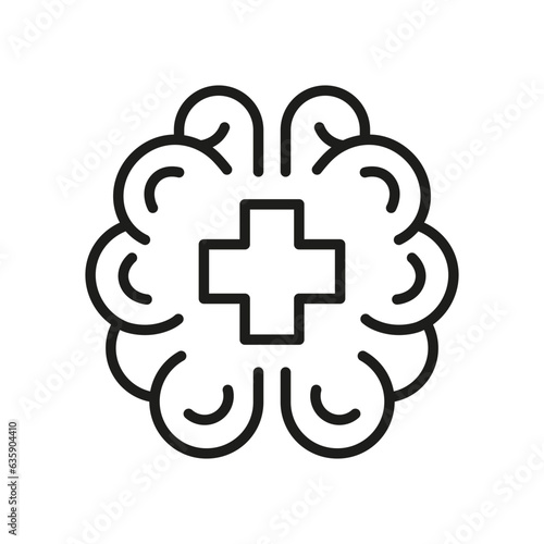 Mental Health Line Icon. Human Brain with Cross Shape. Psychology Care, Medical Aid Linear Pictogram. Psychological Emotional Disorder Outline Sign. Editable Stroke. Isolated Vector Illustration