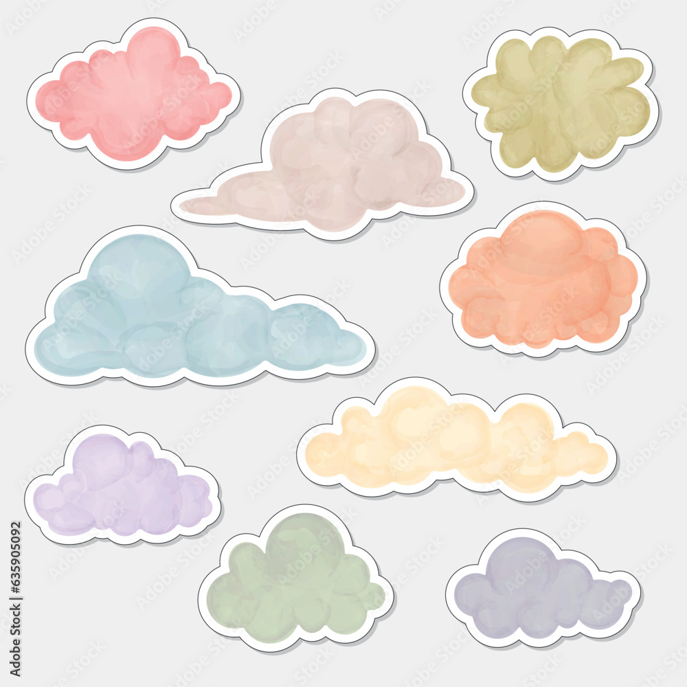 Obraz premium Watercolor hand painted cloud sticker set isolated on light grey . Vector illustration.