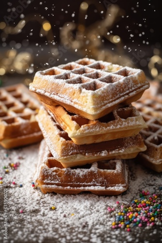 stack of square waffles with powdered sugar and sprinkles