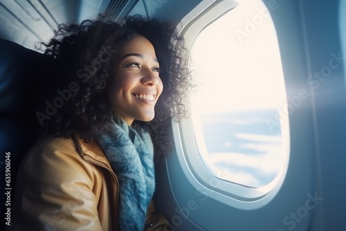 Obraz na płótnie Woman smile near the window of airplane