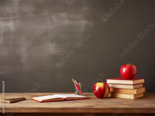 back to school, Teacher's desk with writing materials, book and apple, blank for text or backdrop for school theme. Space for copy, AI generator