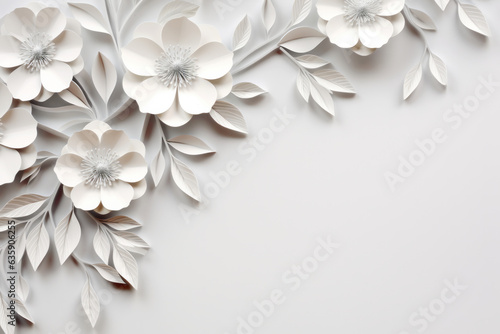 Paper cut decor with blooming white flowers in left corner on light background. Abstract hand craft floral composition