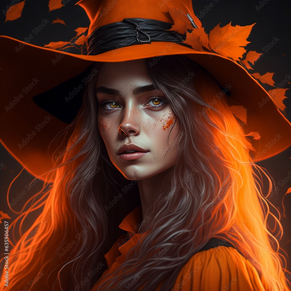 Mystic Halloween Witch with Enigmatic Orange Attire Mystic Halloween Witch with Enigmatic Orange Attire